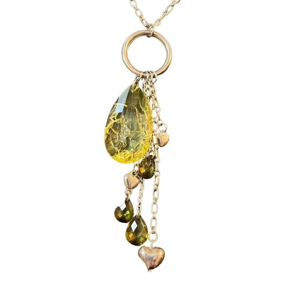 Necklace Elegant and Timeless Long Bead and Hearts Dangle Pendant Silver Green